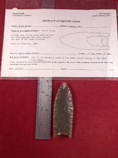 CLOVIS   INDIAN ARTIFACT ARROWHEAD WITH COA: THIS BEAUTIFUL NATIVE AMERICAN INDIAN ARTIFACT IS 95mm LONG. IT IS FROM FLOYD COUNTY IOWA. IT COMES WITH A GREGORY PERINO CERTIFICATE OF AUTHENTICITY. IT WILL MAKE A GREAT ADDITION TO YOUR COLLECTION!