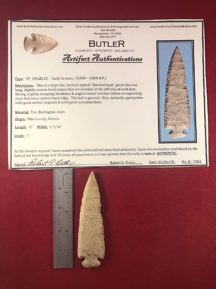 ST CHARLES INDIAN ARTIFACT ARROWHEAD WITH COA: THIS BEAUTIFUL NATIVE AMERICAN INDIAN ARTIFACT IS 5 INCHES LONG. IT IS FROM PIKE COUNTY ILLINOIS. IT COMES WITH A BUTLER CERTIFICATE OF AUTHENTICITY. IT WILL MAKE A GREAT ADDITION TO YOUR COLLECTION! 