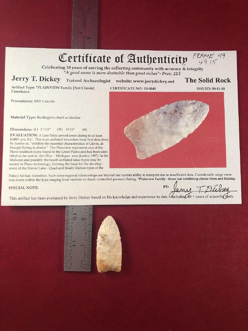 PLAINVIEW  INDIAN ARTIFACT ARROWHEAD WITH COA (1 of 5)