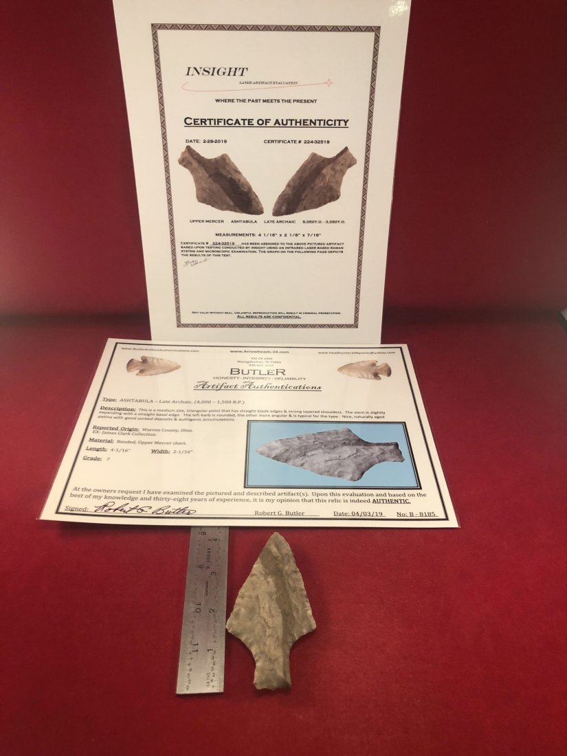 ASHTABULA INDIAN ARTIFACT ARROWHEAD WITH 2 COA's (1 of 7)