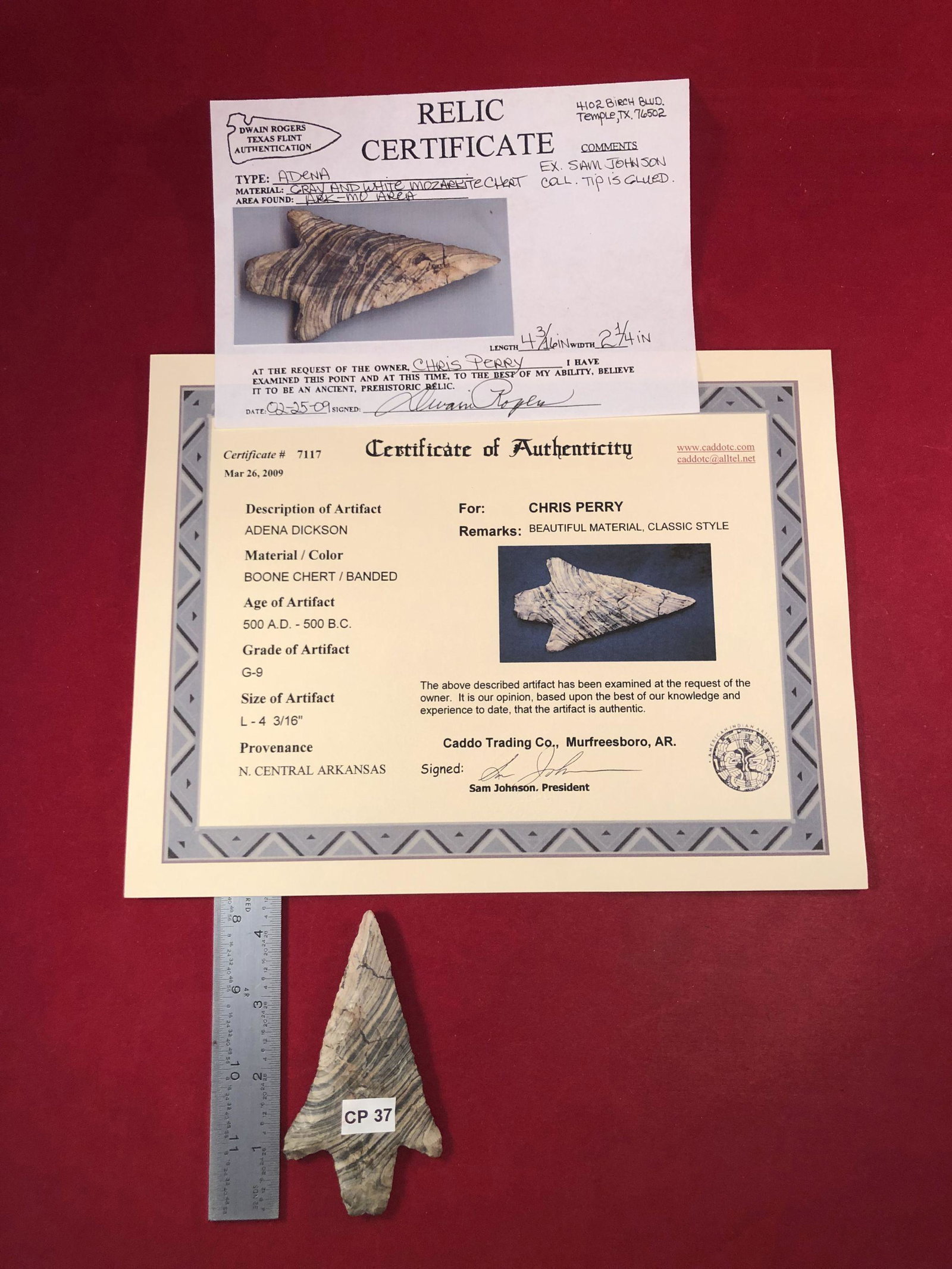 ADENA INDIAN ARTIFACT ARROWHEAD WITH 2 COAs: THIS BEAUTIFUL NATIVE AMERICAN INDIAN ARTIFACT IS 4&3/16 INCHES LONG. IT IS FROM NORTH CENTRAL ARKANSAS. THE TIP HAS NOT BEEN GLUED, DEWAIN ROGERS MISSED THIS ONE... IT IS A FLAW IN THE ROCK ITSELF. T