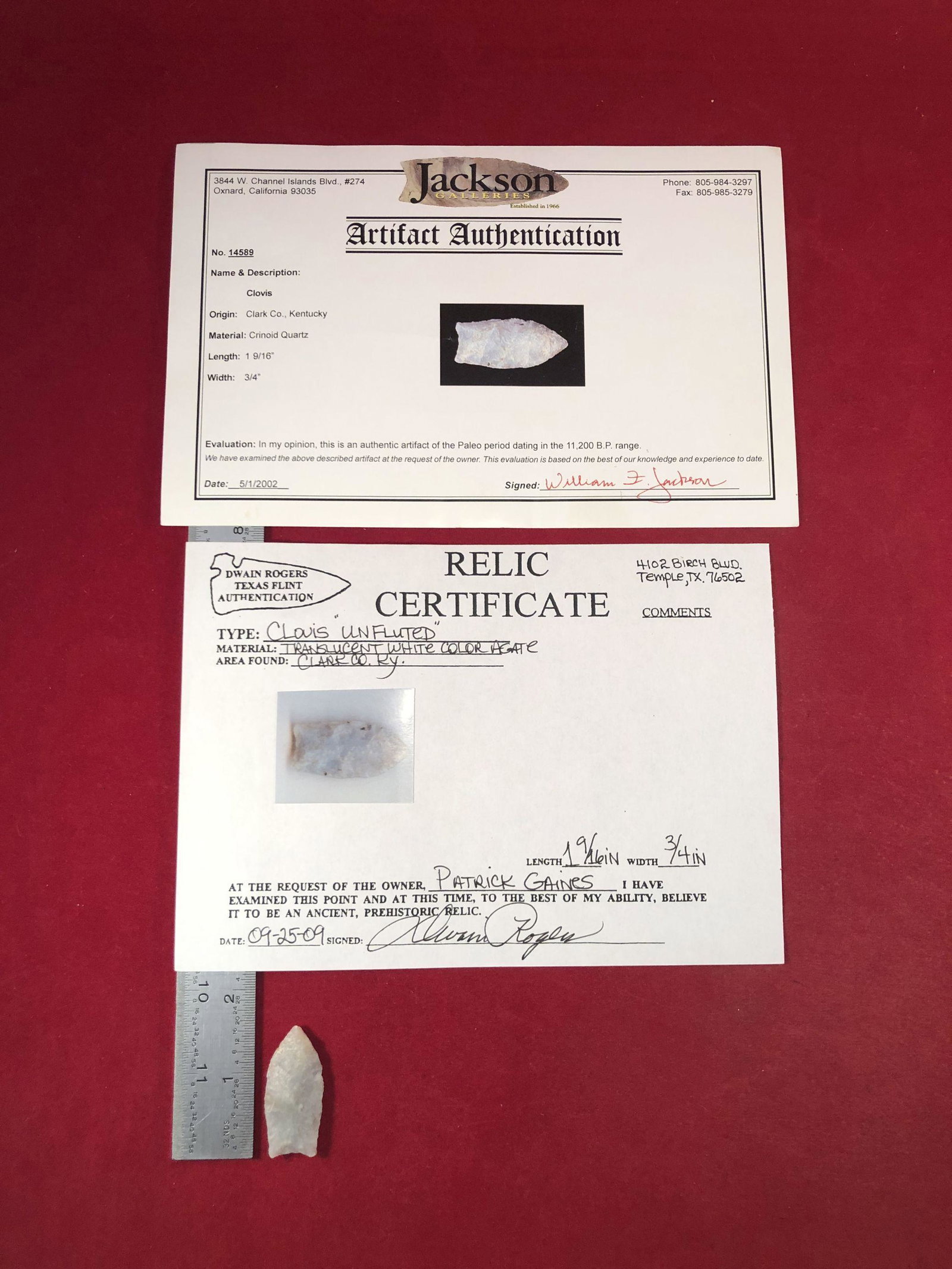 CLOVIS INDIAN ARTIFACT ARROWHEAD WITH 2 COAs: THIS BEAUTIFUL NATIVE AMERICAN INDIAN ARTIFACT IS 1&9/16 INCHES LONG. IT IS FROM CLARK COUNTY KENTUCKY. THIS IMPRESSIVE ARROWHEAD IS OUT OF THE EX- CHRIS PERRY & PATRICK GAINES COLLECTION. IT COMES WI