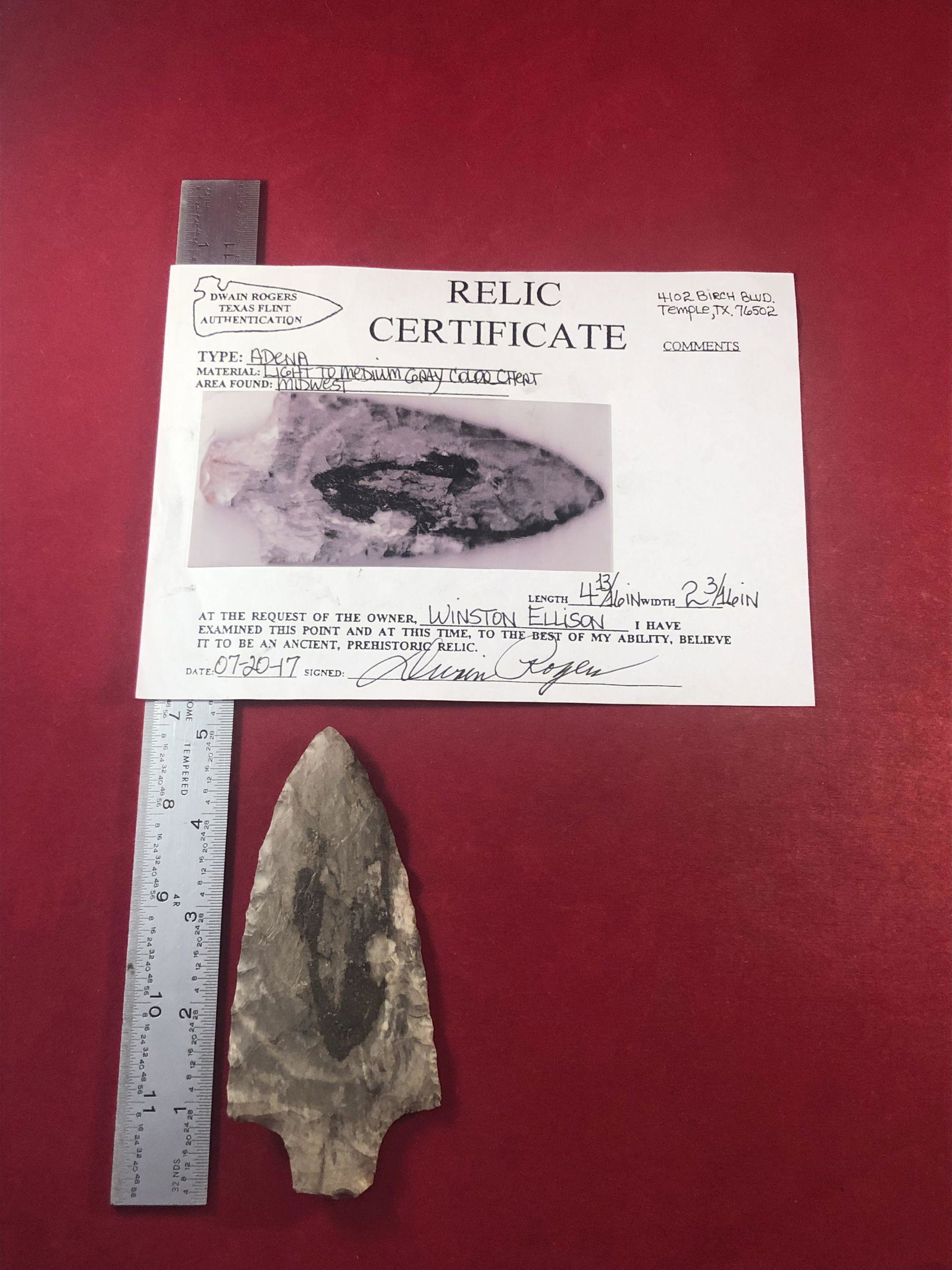 ADENA INDIAN ARTIFACT ARROWHEAD WITH COA: THIS BEAUTIFUL NATIVE AMERICAN INDIAN ARTIFACT IS 4&13/16 INCHES LONG. IT IS FROM THE MIDWEST. IT COMES WITH A DWAIN ROGERS CERTIFICATE OF AUTHENTICITY. EX- WINSTON ELLISON COLLECTION. IT WILL MAKE A 