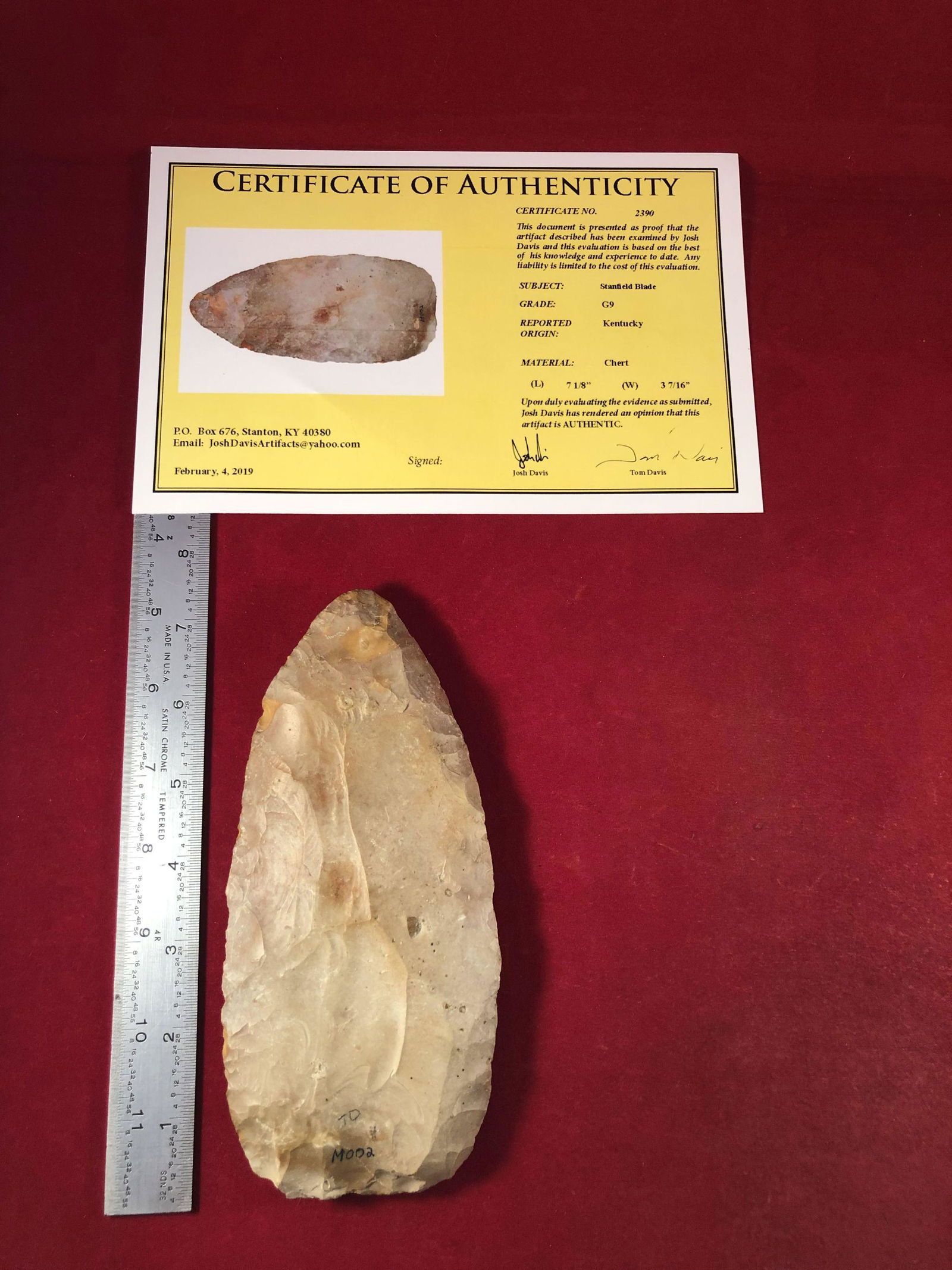 STANFIELD BLADE INDIAN ARTIFACT ARROWHEAD WITH COA: THIS BEAUTIFUL NATIVE AMERICAN INDIAN ARTIFACT IS 7&1/8 INCHES LONG. IT IS FROM KENTUCKY. IT COMES WITH A TOM DAVIS CERTIFICATE OF AUTHENTICITY. IT WILL MAKE A GREAT ADDITION TO YOUR COLLECTION! KEY W