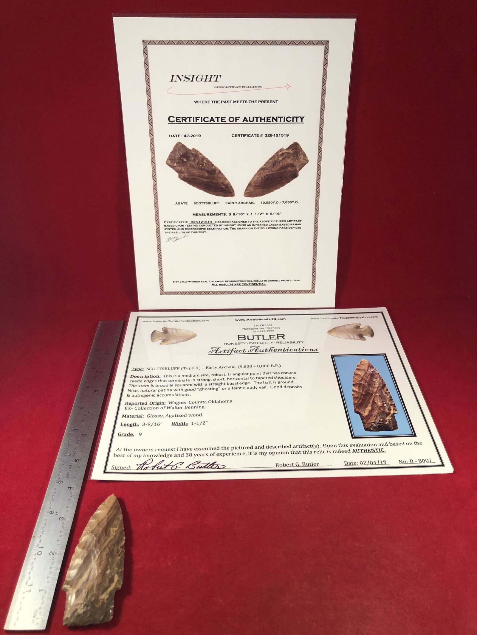 SCOTTSBLUFF INDIAN ARTIFACT ARROWHEAD WITH 2 COA's: THIS BEAUTIFUL NATIVE AMERICAN INDIAN ARTIFACT IS 3&9/16 INCHES LONG. IT IS FROM WAGNER COUNTY OKLAHOMA. IT COMES WITH A BUTLER & AN INSIGHT LASER ARTIFACT EVALUATION CERTIFICATE OF AUTHENTICITY. IT W