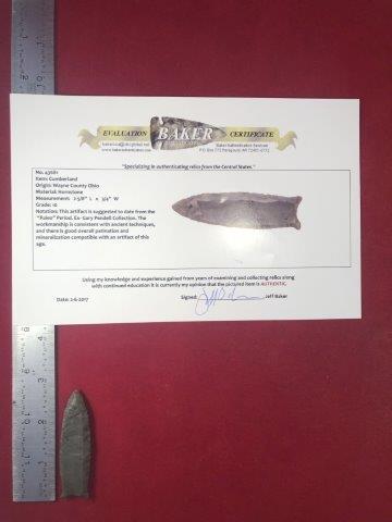CUMBERLAND INDIAN ARTIFACT POTTERY ARROWHEAD WITH: THIS BEAUTIFUL NATIVE AMERICAN INDIAN ARTIFACT IS 2&5/8 INCHES LONG. IT IS FROM WAYNE COUNTY OHIO. EX- GARY PENDELL COLLECTION. IT COMES WITH A BAKER CERTIFICATE OF AUTHENTICITY. IT WILL MAKE A GREAT 
