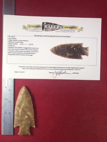 HARDIN INDIAN ARTIFACT POTTERY ARROWHEAD WITH COA: THIS BEAUTIFUL NATIVE AMERICAN INDIAN ARTIFACT IS 4&1/4 INCHES LONG. IT IS FROM MOBILE COUNTY ALABAMA. IT COMES WITH A BAKER CERTIFICATE OF AUTHENTICITY. IT WILL MAKE A GREAT ADDITION TO YOUR COLLECTI