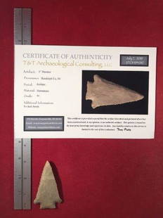 DECATUR INDIAN ARTIFACT POTTERY ARROWHEAD WITH COA: THIS BEAUTIFUL NATIVE AMERICAN INDIAN ARTIFACT IS 3 INCHES LONG. IT IS FROM RANDOLPH COUNTY INDIANA. EX- JACK SMITH COLLECTION. IT COMES WITH A TONY PUTTY CERTIFICATE OF AUTHENTICITY. IT WILL MAKE A G