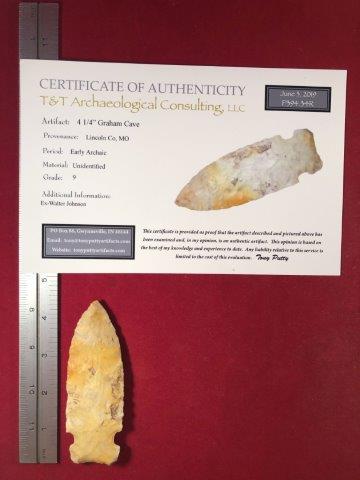 GRAHAM CAVE INDIAN ARTIFACT POTTERY ARROWHEAD WITH: THIS BEAUTIFUL NATIVE AMERICAN INDIAN ARTIFACT IS 4&1/4 INCHES LONG. IT IS FROM LINCOLN COUNTY MISSOURI. EX- WALTER JOHNSON COLLECTION. IT COMES WITH A TONY PUTTY CERTIFICATE OF AUTHENTICITY. IT WILL 