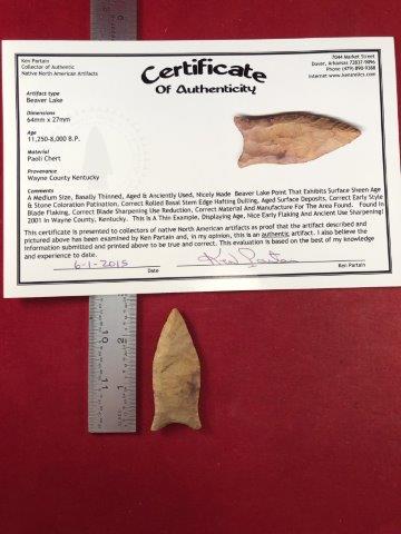 BEAVER LAKE    INDIAN ARTIFACT ARROWHEAD WITH COA (1 of 5)