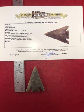 RANKIN INDIAN ARTIFACT ARROWHEAD WITH COA: THIS BEAUTIFUL NATIVE AMERICAN INDIAN ARTIFACT IS 2&1/2 INCHES LONG. IT IS FROM TENNESSEE. IT COMES WITH A BAKER CERTIFICATE OF AUTHENTICITY. IT WILL MAKE A GREAT ADDITION TO YOUR COLLECTION! KEY WORD