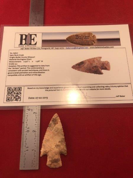 BUCK CREEK     INDIAN ARTIFACT ARROWHEAD W/COA (1 of 5)