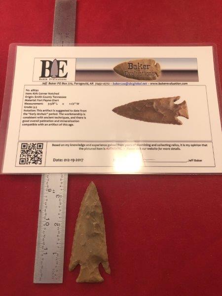 KIRK CORNER NOTCHED     INDIAN ARTIFACT ARROWHEAD W/COA (1 of 5)