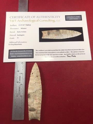 DALTON INDIAN ARTIFACT ARROWHEAD W/ COA: THIS BEAUTIFUL NATIVE AMERICAN INDIAN ARTIFACT IS 4&15/16 INCHES LONG. IT IS FROM MISSOURI. IT COMES WITH A TONY PUTTY CERTIFICATE OF AUTHENTICITY. EX- GREG BEAUCHAMP COLLECTION. IT WILL MAKE A GREAT 