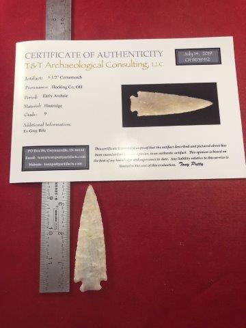 CORNERNOTCH INDIAN ARTIFACT ARROWHEAD W/ COA: THIS BEAUTIFUL NATIVE AMERICAN INDIAN ARTIFACT IS 3&1/2 INCHES LONG. IT IS FROM HOCKING COUNTY OHIO. IT COMES WITH A TONY PUTTY CERTIFICATE OF AUTHENTICITY. EX- GREG RIFE COLLECTION. IT WILL MAKE A GR
