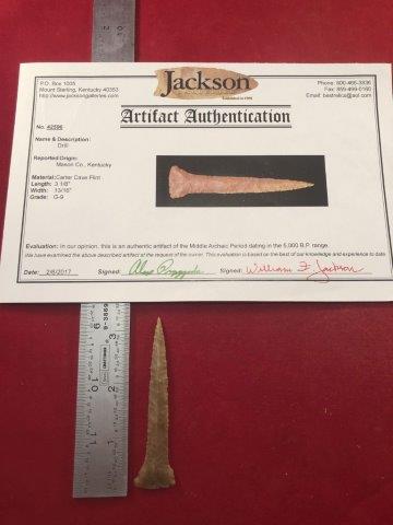 DRILL INDIAN ARTIFACT ARROWHEAD W/ COA: THIS BEAUTIFUL NATIVE AMERICAN INDIAN ARTIFACT IS 3&1/8 INCHES LONG. IT IS FROM MASON COUNTY KENTUCKY. IT COMES WITH A JACKSON CERTIFICATE OF AUTHENTICITY. IT WILL MAKE A GREAT ADDITION TO YOUR COLLEC
