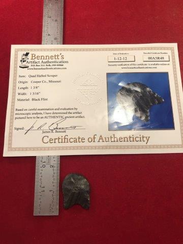 QUAD HAFTED SCRAPER INDIAN ARTIFACT ARROWHEAD W/COA: THIS BEAUTIFUL NATIVE AMERICAN INDIAN ARTIFACT IS 1&3/8 INCHES LONG. IT IS FROM COOPER COUNTY MISSOURI. IT COMES WITH A BENNETT CERTIFICATE OF AUTHENTICITY. IT WILL MAKE A GREAT ADDITION TO YOUR COLLE