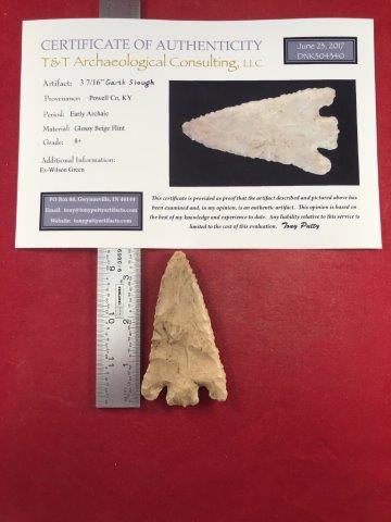 GARTH SLOUGH WITH COA: THIS BEAUTIFUL NATIVE AMERICAN INDIAN ARTIFACT IS 3&7/16 INCHES LONG. IT IS FROM POWELL COUNTY KENTUCKY.IT COMES WITH A TONY PUTTY CERTIFICATE OF AUTHENTICITY. IT WILL MAKE A GREAT ADDITION TO YOUR CO