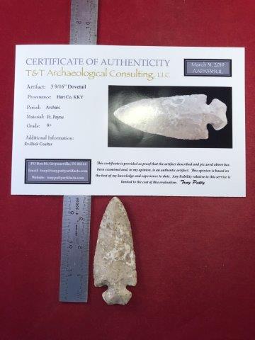 DOVETAIL WITH COA: THIS BEAUTIFUL NATIVE AMERICAN INDIAN ARTIFACT IS 3&9/16 INCHES LONG. IT IS FROM HART COUNTY KENTUCKY. IT COMES WITH A TONY PUTTY CERTIFICATE OF AUTHENTICITY. IT WILL MAKE A GREAT ADDITION TO YOUR COL