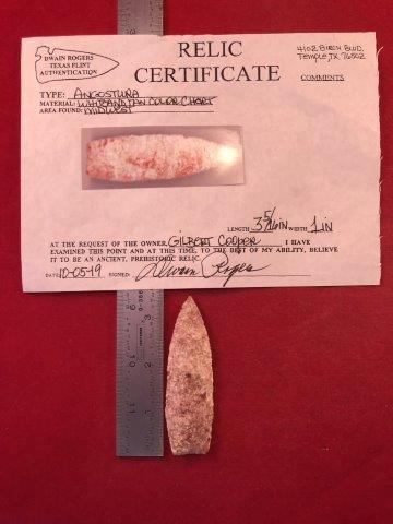 ANGOSTURA WITH COA: THIS BEAUTIFUL NATIVE AMERICAN INDIAN ARTIFACT IS 3&5/16 INCHES LONG. IT IS FROM THE MIDWEST. IT COMES WITH A DWAIN ROGERS CERTIFICATE OF AUTHENTICITY. IT WILL MAKE A GREAT ADDITION TO YOUR COLLECTION