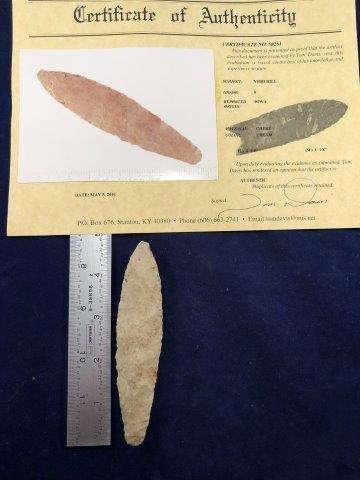 NEBO HILL WITH COA: THIS BEAUTIFUL NATIVE AMERICAN INDIAN ARTIFACT IS 4&3/4 INCHES LONG. IT IS FROM IOWA. COMES WITH A TOM DAVIS CERTIFICATE OF AUTHENTICITY. IT WILL MAKE A GREAT ADDITION TO YOUR COLLECTION! KEY WORDS: N