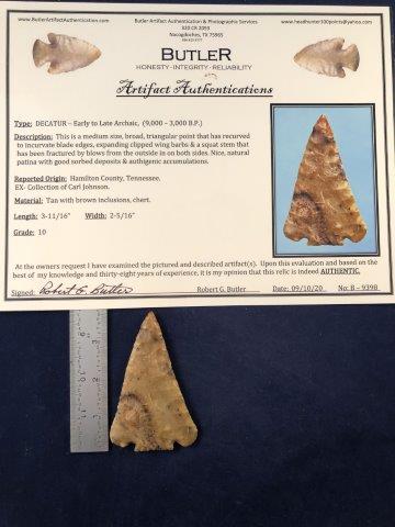 DECATUR WITH COA: THIS BEAUTIFUL NATIVE AMERICAN INDIAN ARTIFACT IS 3&11/16 INCHES LONG. IT IS FROM HAMILTON COUNTY, TENNESSEE. IT COMES WITH A BUTLER CERTIFICATE OF AUTHENTICITY. IT WILL MAKE A GREAT ADDITION TO YOUR 