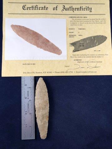 NEBO HILL WITH COA: THIS BEAUTIFUL NATIVE AMERICAN INDIAN ARTIFACT IS 4&3/4 INCHES LONG. IT IS FROM IOWA. COMES WITH A TOM DAVIS CERTIFICATE OF AUTHENTICITY. IT WILL MAKE A GREAT ADDITION TO YOUR COLLECTION! KEY WORDS: N