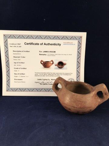 PRE-COLUMBIAN BOWL WITH COA: THIS BEAUTIFUL NATIVE AMERICAN INDIAN ARTIFACT IS 3 INCHES TALL BY 6&1/2 INCHES WIDE. IT IS FROM THE WEST COAST OF MEXICO. IT COMES WITH A SAM JOHNSON CERTIFICATE OF AUTHENTICITY. IT WILL MAKE A GREAT