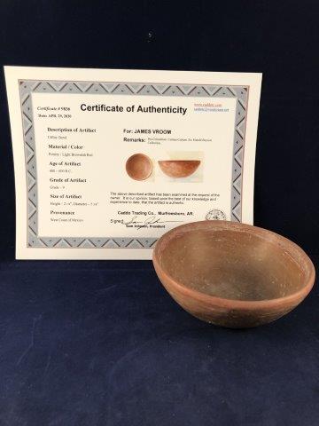 PRE- COLUMBIAN UTILITY BOWL WITH COA: THIS BEAUTIFUL NATIVE AMERICAN INDIAN ARTIFACT IS 2&1/8 INCHES TALL BY 5&3/8 INCHES WIDE. IT IS FROM THE WEST COAST OF MEXICO. IT COMES WITH A SAM JOHNSON CERTIFICATE OF AUTHENTICITY. IT WILL MAKE A G