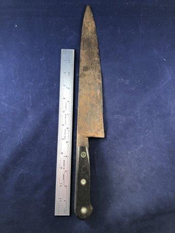 HAND FORGED KNIFE: IT IS 16 INCHES LONG. IT WILL MAKE A GREAT ADDITION TO YOUR COLLECTION! KEY WORDS: NATIVE AMERICAN INDIAN ARTIFACT ARTIFACTS ARROWHEAD ARROWHEADS MISSISSIPPIAN QUAPAW CADDO POTTERY