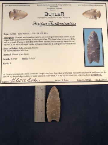 CLOVIS WITH COA: THIS BEAUTIFUL NATIVE AMERICAN INDIAN ARTIFACT IS 3&3/16 INCHES LONG. IT IS FROM FULTON COUNTY, ILLINOIS. IT HAS A BUTLER CERTIFICATE OF AUTHENTICITY. IT WILL MAKE A GREAT ADDITION TO YOUR COLLECTION!