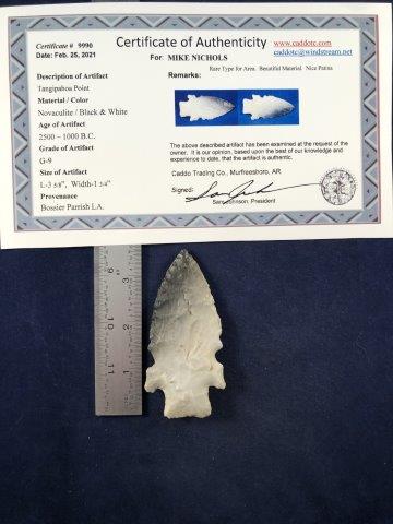 TANGIPAHOA POINT WITH COA: THIS BEAUTIFUL NATIVE AMERICAN INDIAN ARTIFACT IS 3&5/8 INCHES LONG. IT IS FROM BOSSIER PARRISH, LOUSIANA. IT HAS A SAM JOHNSON CERTIFICATE OF AUTHENTICITY. IT WILL MAKE A GREAT ADDITION TO YOUR COLLE