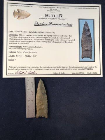 CLOVIS WITH COA: THIS BEAUTIFUL NATIVE AMERICAN INDIAN ARTIFACT IS 4&5/16 INCHES LONG. IT IS FROM WARREN COUNTY, KENTUCKY. IT HAS A BUTLER CERTIFICATE OF AUTHENTICITY. IT WILL MAKE A GREAT ADDITION TO YOUR COLLECTION!