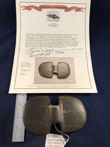 BANNERSTONE WITH COA: THIS BEAUTIFUL NATIVE AMERICAN INDIAN ARTIFACT IS 5&3/16 INCHES LONG. IT IS FROM HART COUNTY, GEORGIA. IT HAS A BANNERSTONE TOM CERTIFICATE OF AUTHENTICITY. IT WILL MAKE A GREAT ADDITION TO YOUR COLLE