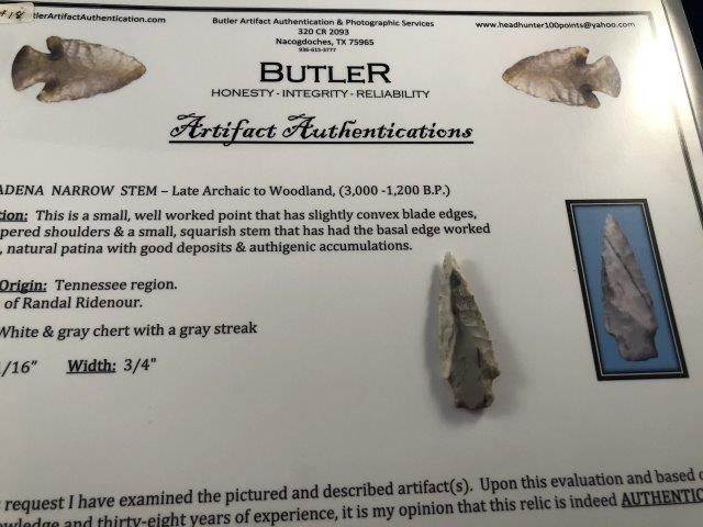 ADENA NARROW STEM       WITH COA     INDIAN ARTIFACT (1 of 5)