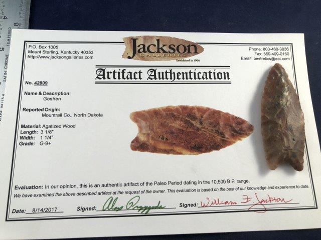 GOSHEN WITH COA: THIS BEAUTIFUL NATIVE AMERICAN INDIAN ARTIFACT IS 3&1/8 INCHES LONG. IT IS FROM MOUNTRAIL COUNTY NORTH DAKOTA. IT COMES WITH A JACKSON CERTIFICATE OF AUTHENTICITY. IT WILL MAKE A GREAT ADDITION TO YOU