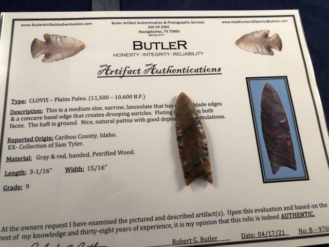 CLOVIS WITH COA: THIS BEAUTIFUL NATIVE AMERICAN INDIAN ARTIFACT IS 3&1/16 INCHES LONG. IT IS FROM CARIBOU COUNTY IDAHO. EX- SAM TYLER COLLECTION. IT COMES WITH A BUTLER CERTIFICATE OF AUTHENTICITY. IT WILL MAKE A GREA