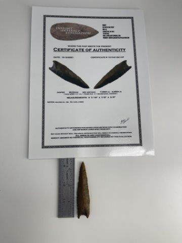 McKEAN WITH COA: THIS BEAUTIFUL NATIVE AMERICAN INDIAN ARTIFACT IS 3&7/16 INCHES LONG. IT IS FROM CHAVES COUNTY NEW MEXICO. EX- CARL JONES COLLECTION. COMES WITH AN INSIGHT LASER CERTIFICATE OF AUTHENTICITY. IT WILL M