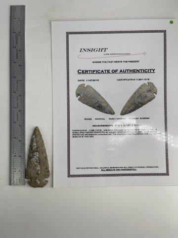 DOVETAIL WITH COA: THIS BEAUTIFUL NATIVE AMERICAN INDIAN ARTIFACT IS 4 INCHES LONG. IT IS FROM HIGHLAND COUNTY OHIO. EX- CHARLES WEST COLLECTION. COMES WITH AN INSIGHT LASER CERTIFICATE OF AUTHENTICITY. IT WILL MAKE A G