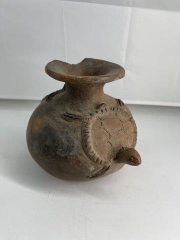 PERUVIAN TURTLE EFFIGY POTTERY: THIS BEAUTIFUL ARTIFACT IS 5&3/4 INCHES TALL BY 5 INCHES WIDE. IT IS FROM PERU. IT HAS THE HEAD IS MISSING OFF OF ONE TURTLE & A RIM CHIP. IT WILL MAKE A GREAT ADDITION TO YOUR COLLECTION! KEY WORDS: 