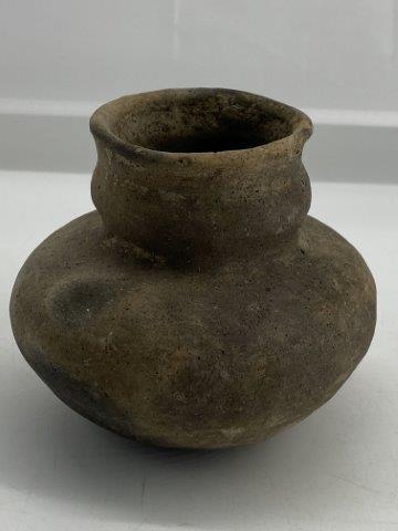 Mini Mississippian Compound Bowl: This Mini Mississippian Compound Bowl is from the late Dub Lyerly collection. It has a rim chip with minor spalls. It is 4 inches tall by 4&1/2 inches wide. All items have been examined by Sam Johnson
