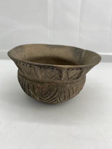 Mississippian Vernon Paul Applique Bowl: This Mississippian Vernon Paul Applique Bowl was previously collected by Dub Lyerly and is broken and glued. It is 3&3/4 inches tall by 6&1/2 inches wide. All items have been examined by Sam Johnson a