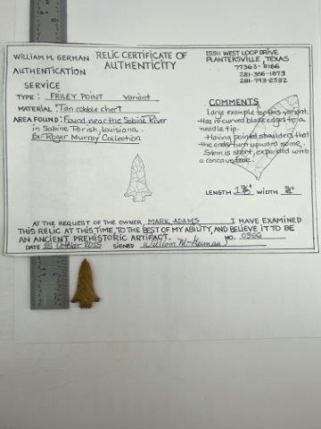 Friley Arrowpoint with COA: This Friley point is from the Mark Adams Collection. Mark is a very well known Texas collector and he and his collection are pictured in Who's Who In Indian Relics # 11 and his arrow point frame is pi