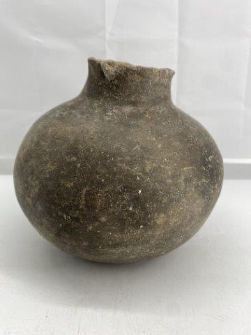 Short Neck Mississippian Bottle: This Short Neck Mississippian Bottle is from the late Dub Lyerly Collection. It has rim chips and exhibits normal use wear. It is 7 & 1/2 inches tall by 7 & 1/2 inches wide. All items have been examin
