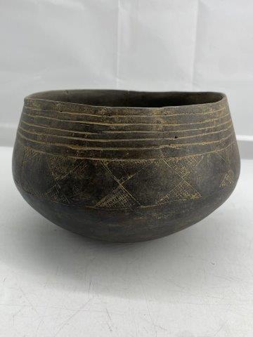 Caddoan Hempstead Engraved Bowl: This Caddoan Hempstead Engraved Bowl is from the Brian Ashcraft Collection. It is a nice example and is restored. It is 4 & 3/4 inches tall by 6 & 1/2 inches wide. All items have been examined by Sam 
