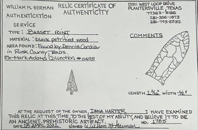 Bassett Arrowpoint with COA: This Bassett Arrowpoint is from the Mark Adams Collection. He was pictured in Who's Who # 11 and his Arrowpoint frame is shown on page 13 of that volume. It comes with a COA from Bill German. In addit