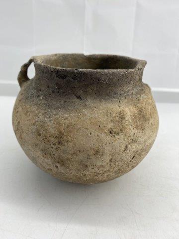 Mississippian Jar: This Mississippian Jar is from the Brian Ashcraft Collection. It has one handle and has numerous chips and overall use wear. It is 5&1/2 inches tall by 6 inches wide. All items have been examined by S