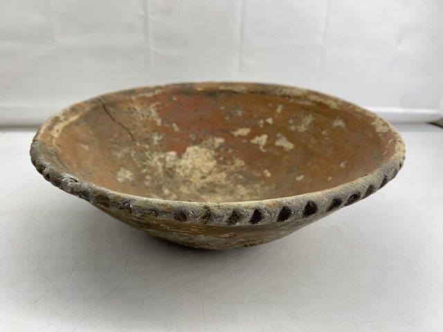Mississippian Bowl: This Mississippian Bowl with Old Town Red interior is from the CTC Collection. It is broken and glued. It is 3 & 1/2 inches tall by 9 & 1/4 inches wide. All items have been examined by Sam Johnson and