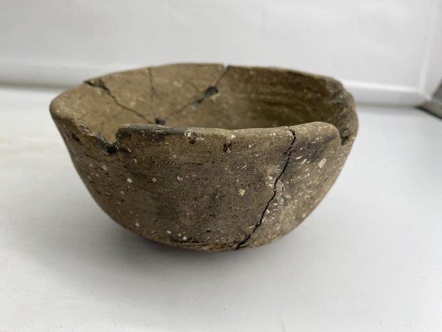 Mississippian Bowl: This Mississippian Bowl is from the CTC Collection. It is broken and glued with a missing rim piece. It is 3 inches tall by 5 inches wide. All items have been examined by Sam Johnson and are authentic