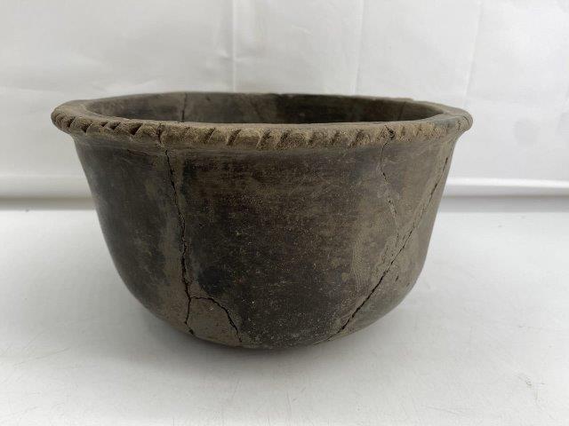Mississippian Bowl: This Mississippian Bowl is from the CTC Collection. It is broken and glued but well made and deep sided. It is 4 & 3/4 inches tall by 9 inches wide. All items have been examined by Sam Johnson and are
